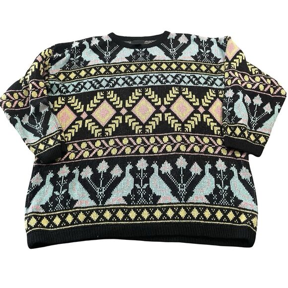 Tangiers Sweaters - 80s 90s Sweater Size L/XL New Wave Fair Isle Blue Bird Fuzzy Crewneck Pastel
